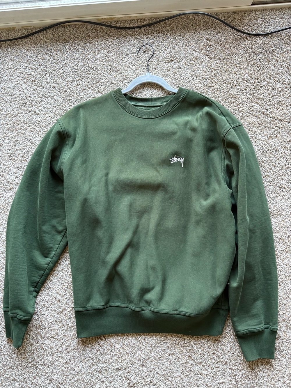 Stussy Olive Green Men’s Crewneck Sweatshirt with Embroidered Chest Logo